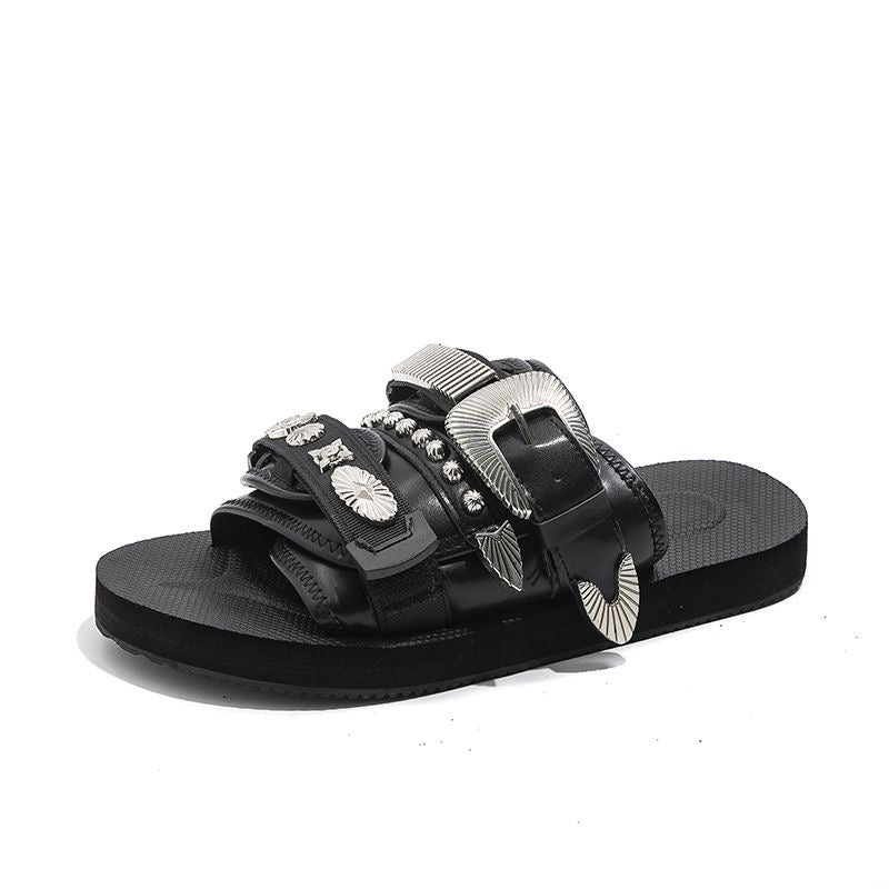 Western-Style Rivet & Metal Buckle Slide Sandals, Vintage Leather Slides, Edgy Non-Slip Thick-Sole Outdoor Slippers