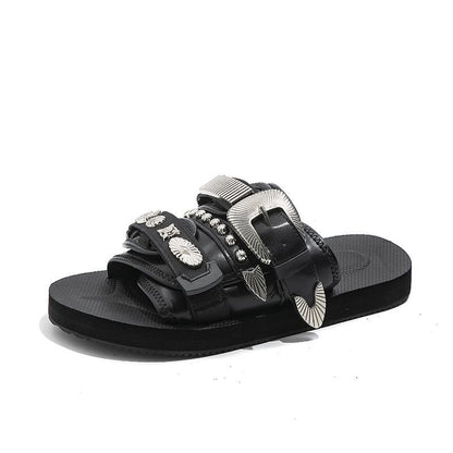 Western-Style Rivet & Metal Buckle Slide Sandals, Vintage Leather Slides, Edgy Non-Slip Thick-Sole Outdoor Slippers