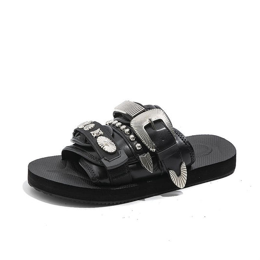 Western-Style Rivet & Metal Buckle Slide Sandals, Vintage Leather Slides, Edgy Non-Slip Thick-Sole Outdoor Slippers
