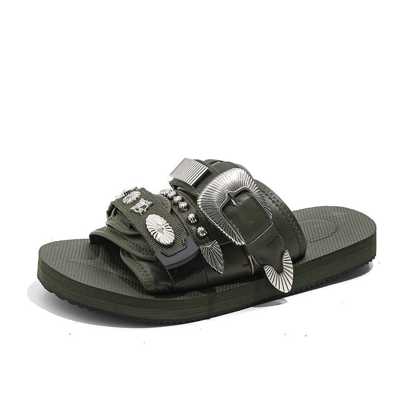Western-Style Rivet & Metal Buckle Slide Sandals, Vintage Leather Slides, Edgy Non-Slip Thick-Sole Outdoor Slippers