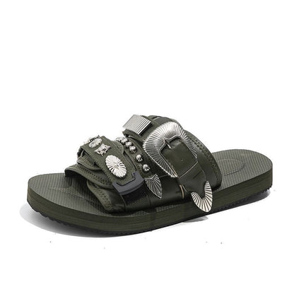 Western-Style Rivet & Metal Buckle Slide Sandals, Vintage Leather Slides, Edgy Non-Slip Thick-Sole Outdoor Slippers