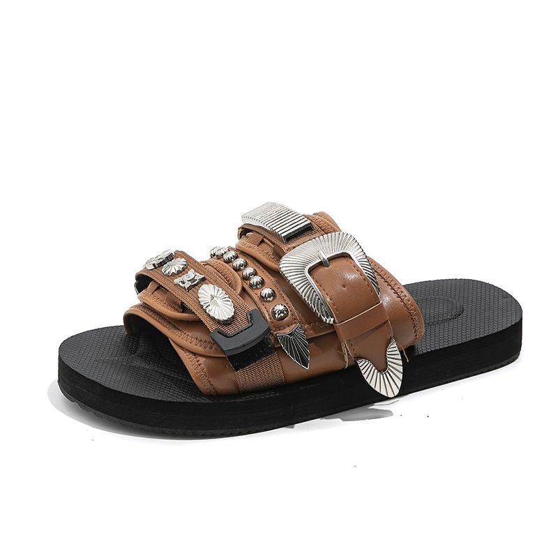Western-Style Rivet & Metal Buckle Slide Sandals, Vintage Leather Slides, Edgy Non-Slip Thick-Sole Outdoor Slippers