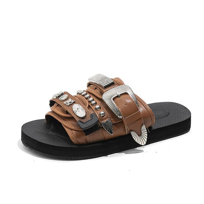 Western-Style Rivet & Metal Buckle Slide Sandals, Vintage Leather Slides, Edgy Non-Slip Thick-Sole Outdoor Slippers