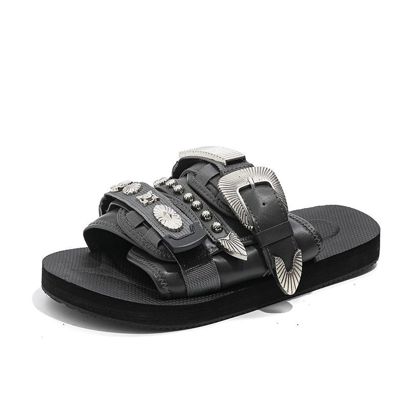 Western-Style Rivet & Metal Buckle Slide Sandals, Vintage Leather Slides, Edgy Non-Slip Thick-Sole Outdoor Slippers