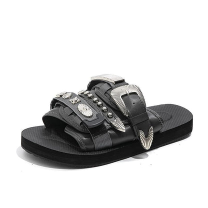 Western-Style Rivet & Metal Buckle Slide Sandals, Vintage Leather Slides, Edgy Non-Slip Thick-Sole Outdoor Slippers