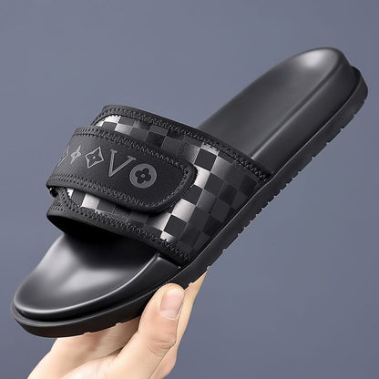Streetwear Checkerboard Print Slides, Letter Print Adjustable Outdoor Sandals