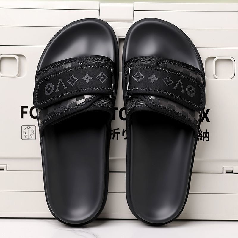 Streetwear Checkerboard Print Slides, Letter Print Adjustable Outdoor Sandals