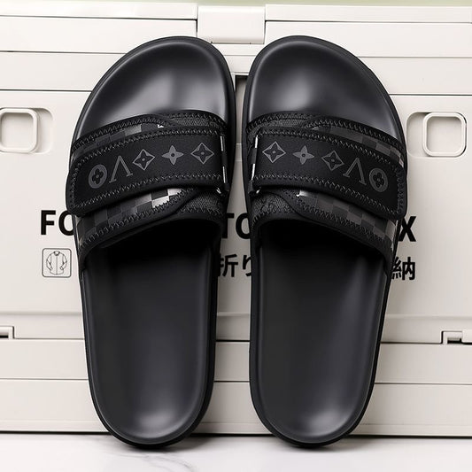 Streetwear Checkerboard Print Slides, Letter Print Adjustable Outdoor Sandals