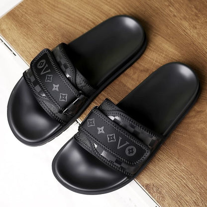 Streetwear Checkerboard Print Slides, Letter Print Adjustable Outdoor Sandals