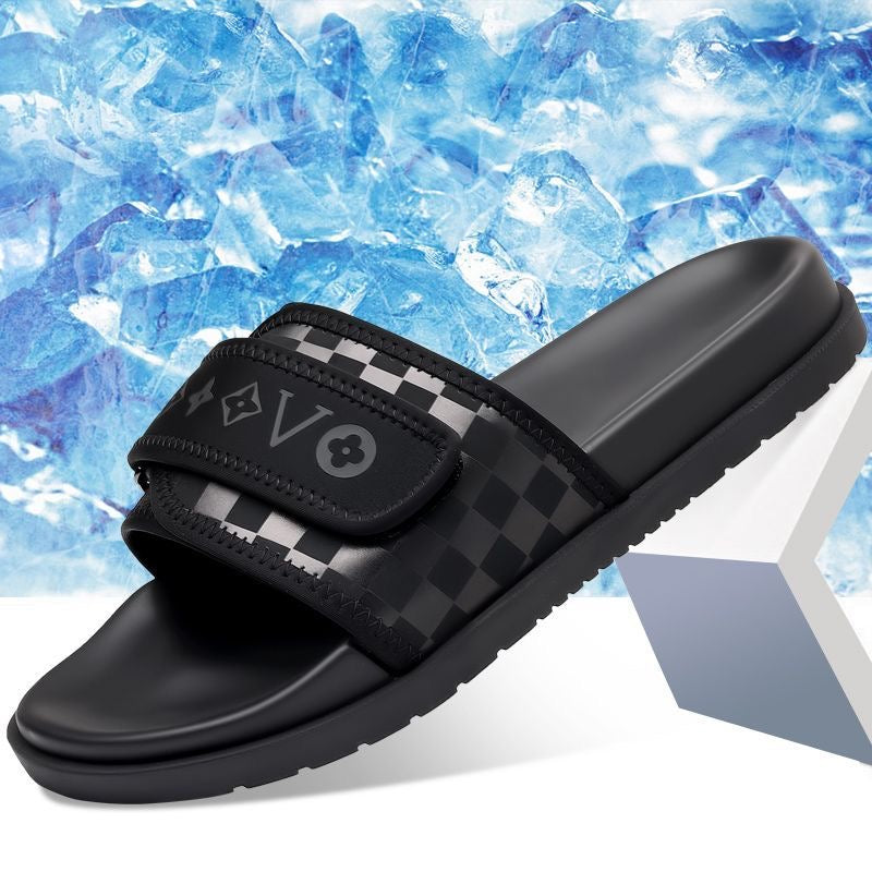 Streetwear Checkerboard Print Slides, Letter Print Adjustable Outdoor Sandals
