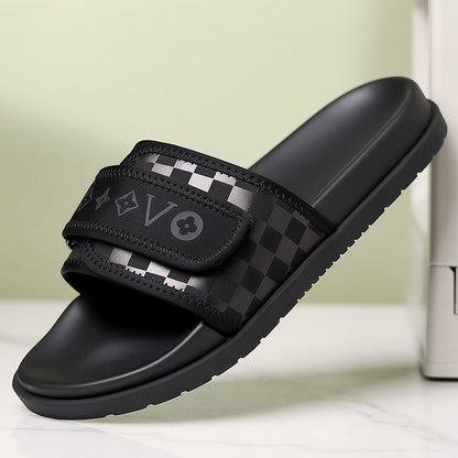 Streetwear Checkerboard Print Slides, Letter Print Adjustable Outdoor Sandals