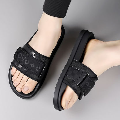 Streetwear Checkerboard Print Slides, Letter Print Adjustable Outdoor Sandals