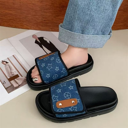 Retro Monogram Print Adjustable Slide Sandals, Thick-Sole Non-Slip Slides, Summer Casual Outdoor Slippers