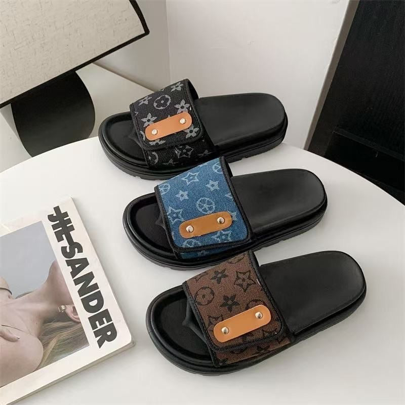 Retro Monogram Print Adjustable Slide Sandals, Thick-Sole Non-Slip Slides, Summer Casual Outdoor Slippers