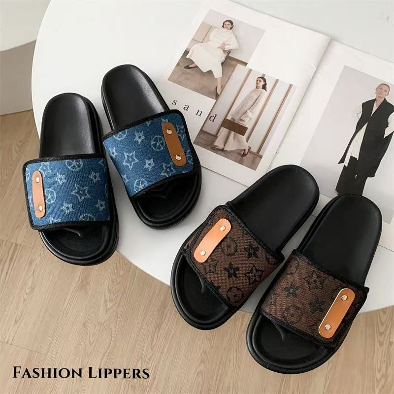 Retro Monogram Print Adjustable Slide Sandals, Thick-Sole Non-Slip Slides, Summer Casual Outdoor Slippers
