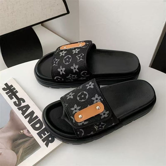 Retro Monogram Print Adjustable Slide Sandals, Thick-Sole Non-Slip Slides, Summer Casual Outdoor Slippers