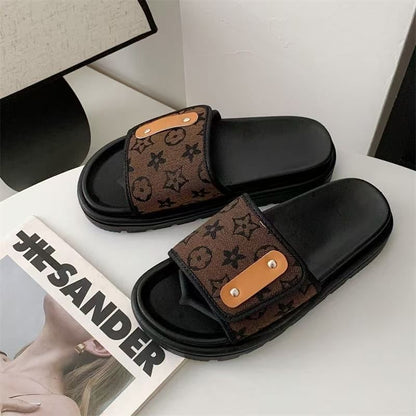 Retro Monogram Print Adjustable Slide Sandals, Thick-Sole Non-Slip Slides, Summer Casual Outdoor Slippers