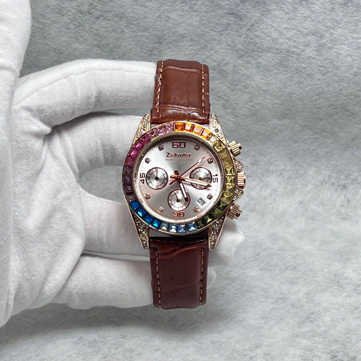 Rainbow Bezel Diamond-Encrusted Multi-Function Women's Watch, Chronograph Wristwatch, Luxury Versatile Quartz Watch