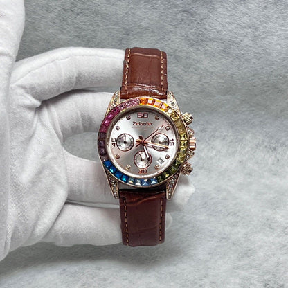 Rainbow Bezel Diamond-Encrusted Multi-Function Women's Watch, Chronograph Wristwatch, Luxury Versatile Quartz Watch