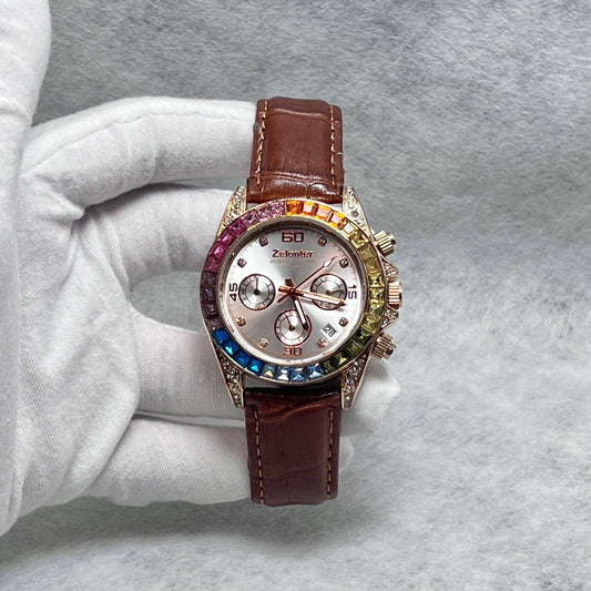 【#A71】Rainbow Bezel Diamond-Encrusted Multi-Function Women's Watch, Chronograph Wristwatch, Luxury Versatile Quartz Watch