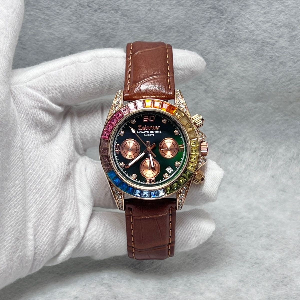 Rainbow Bezel Diamond-Encrusted Multi-Function Women's Watch, Chronograph Wristwatch, Luxury Versatile Quartz Watch