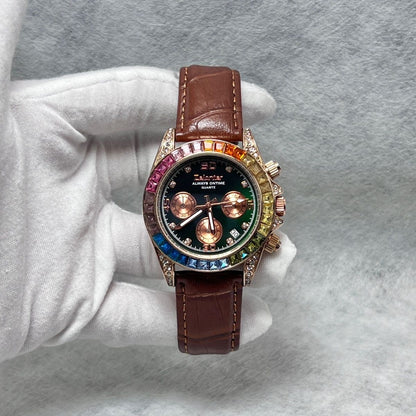 Rainbow Bezel Diamond-Encrusted Multi-Function Women's Watch, Chronograph Wristwatch, Luxury Versatile Quartz Watch