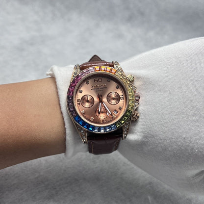 Rainbow Bezel Diamond-Encrusted Multi-Function Women's Watch, Chronograph Wristwatch, Luxury Versatile Quartz Watch