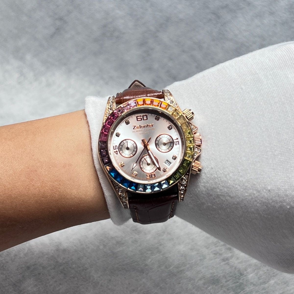 Rainbow Bezel Diamond-Encrusted Multi-Function Women's Watch, Chronograph Wristwatch, Luxury Versatile Quartz Watch