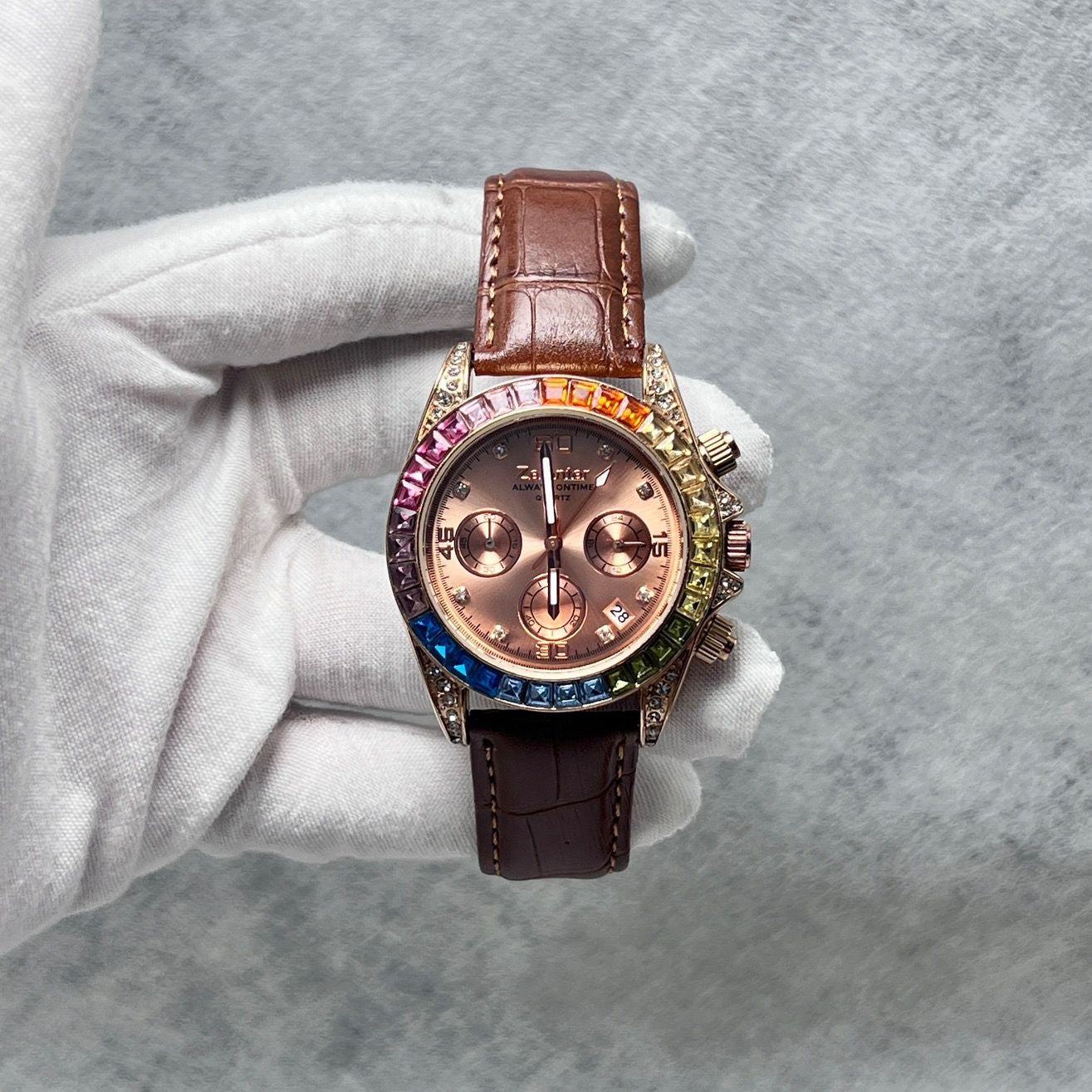 Rainbow Bezel Diamond-Encrusted Multi-Function Women's Watch, Chronograph Wristwatch, Luxury Versatile Quartz Watch