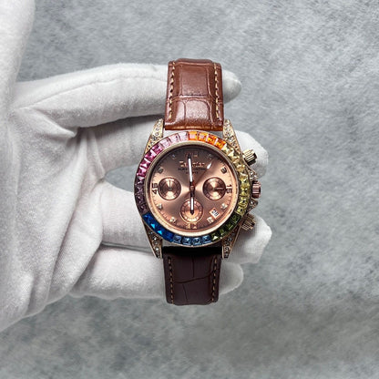 Rainbow Bezel Diamond-Encrusted Multi-Function Women's Watch, Chronograph Wristwatch, Luxury Versatile Quartz Watch