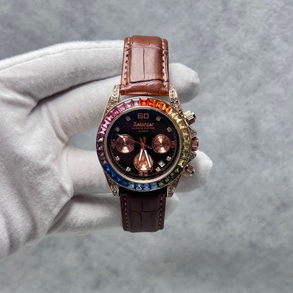 Rainbow Bezel Diamond-Encrusted Multi-Function Women's Watch, Chronograph Wristwatch, Luxury Versatile Quartz Watch