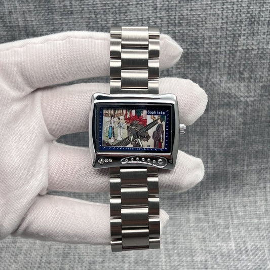 【#A72】Artistic Niche Square Watch, Ladies' Painting Dial Stainless Steel Versatile Quartz Watch
