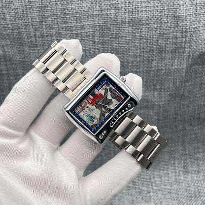 Artistic Niche Square Watch, Ladies' Painting Dial Stainless Steel Versatile Quartz Watch