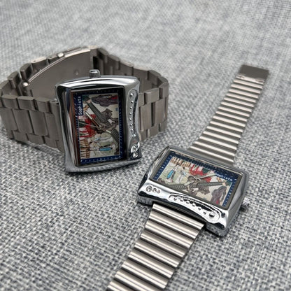 Artistic Niche Square Watch, Ladies' Painting Dial Stainless Steel Versatile Quartz Watch