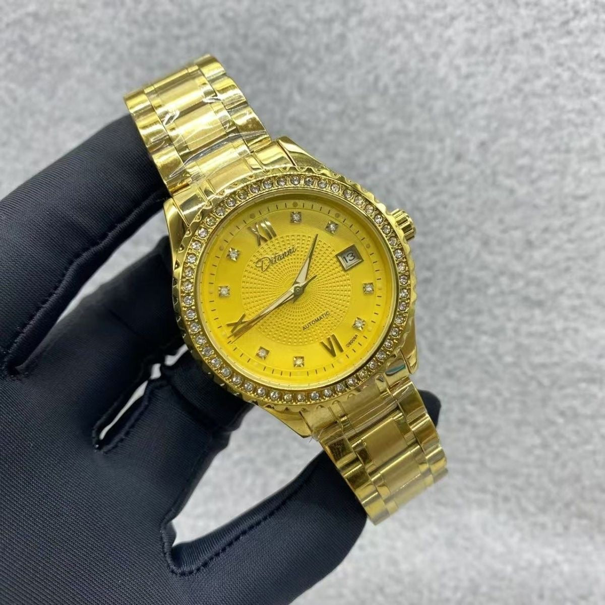 Full Gold Diamond-Encrusted Men's Automatic Mechanical Watch, Business Steel Band Waterproof Wristwatch, Luxury Versatile Timepiece