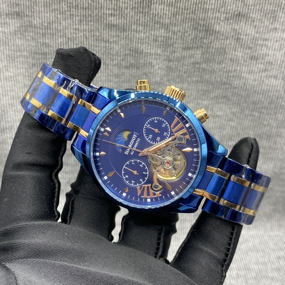 Business Blue-Gold Skeleton Automatic Mechanical Watch, Men's Moon Phase Multi-Function Steel Band Wristwatch, Luxury Versatile Waterproof Timepiece