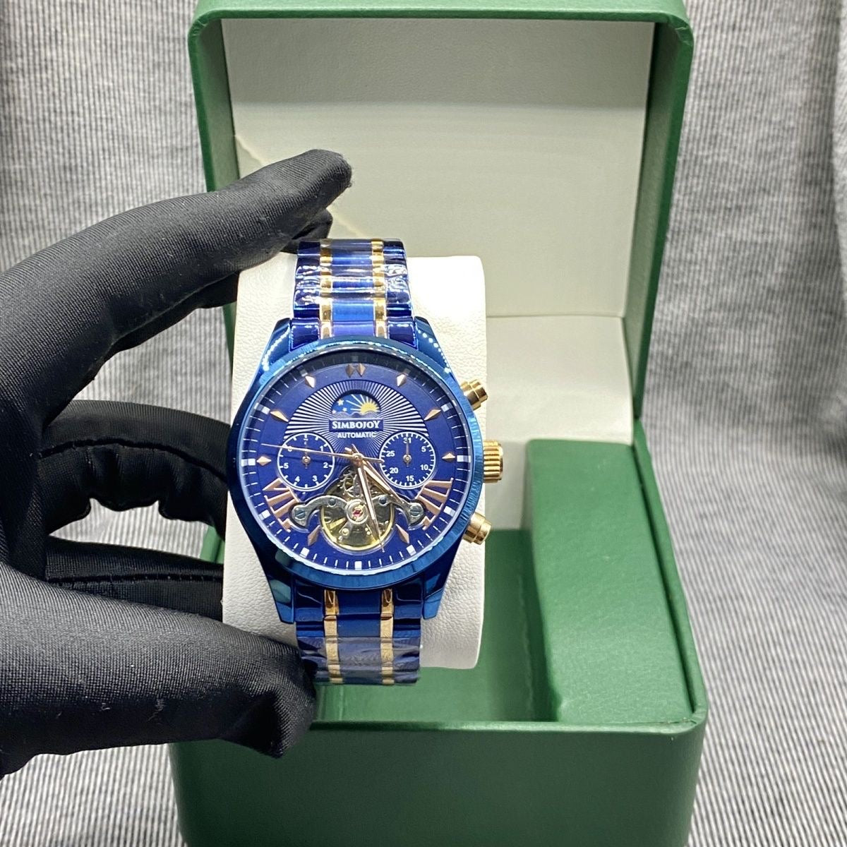 Business Blue-Gold Skeleton Automatic Mechanical Watch, Men's Moon Phase Multi-Function Steel Band Wristwatch, Luxury Versatile Waterproof Timepiece