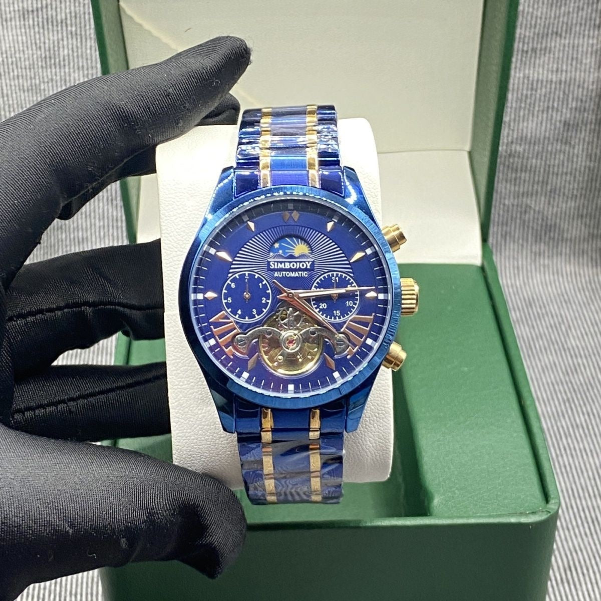 Business Blue-Gold Skeleton Automatic Mechanical Watch, Men's Moon Phase Multi-Function Steel Band Wristwatch, Luxury Versatile Waterproof Timepiece