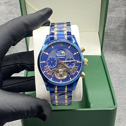 Business Blue-Gold Skeleton Automatic Mechanical Watch, Men's Moon Phase Multi-Function Steel Band Wristwatch, Luxury Versatile Waterproof Timepiece