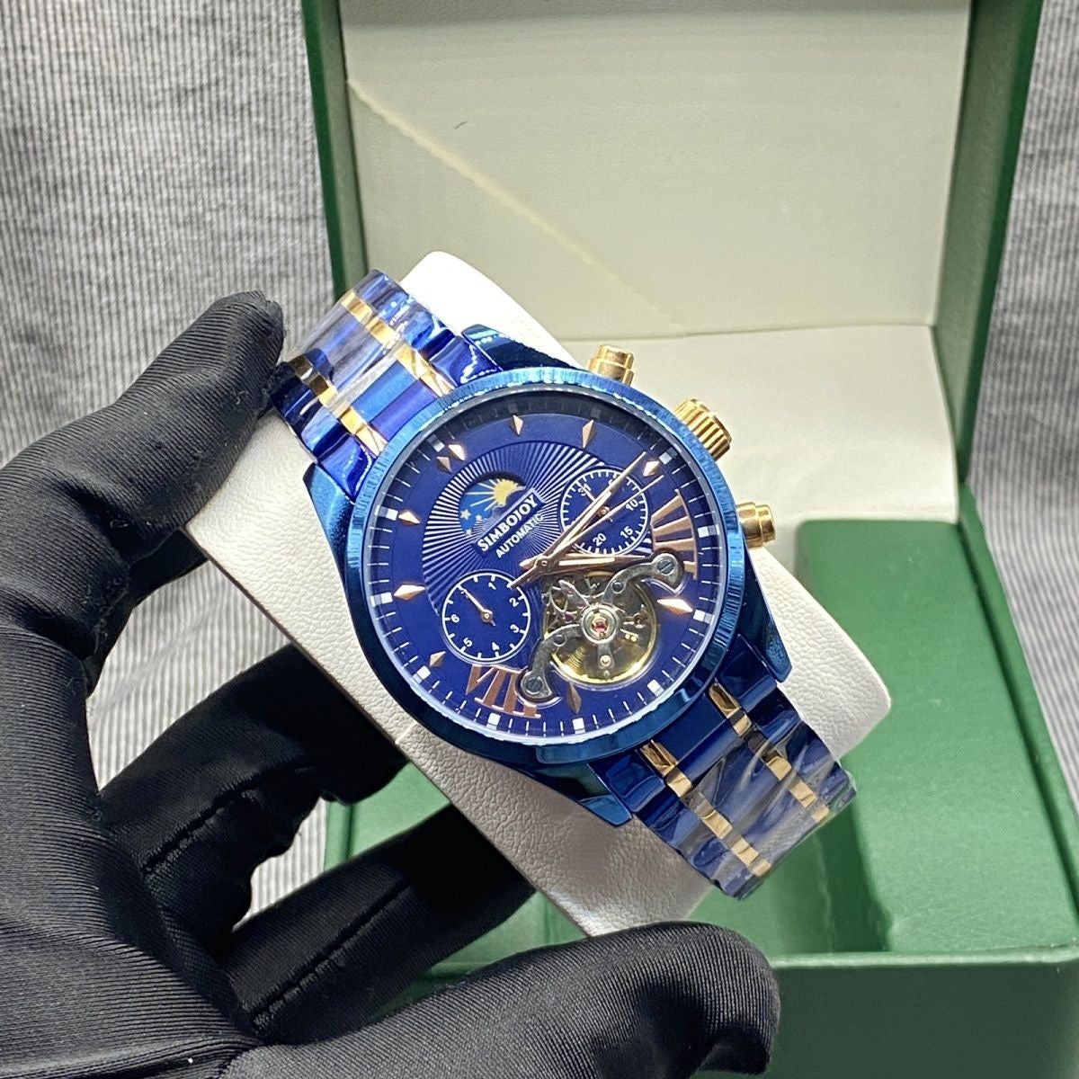 Business Blue-Gold Skeleton Automatic Mechanical Watch, Men's Moon Phase Multi-Function Steel Band Wristwatch, Luxury Versatile Waterproof Timepiece