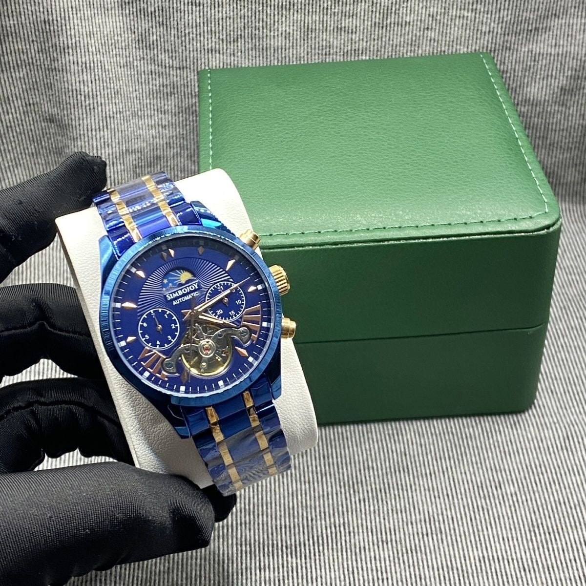 Business Blue-Gold Skeleton Automatic Mechanical Watch, Men's Moon Phase Multi-Function Steel Band Wristwatch, Luxury Versatile Waterproof Timepiece