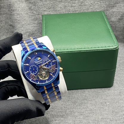 Business Blue-Gold Skeleton Automatic Mechanical Watch, Men's Moon Phase Multi-Function Steel Band Wristwatch, Luxury Versatile Waterproof Timepiece