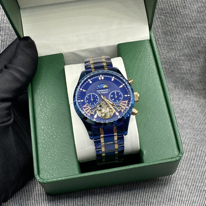 Business Blue-Gold Skeleton Automatic Mechanical Watch, Men's Moon Phase Multi-Function Steel Band Wristwatch, Luxury Versatile Waterproof Timepiece