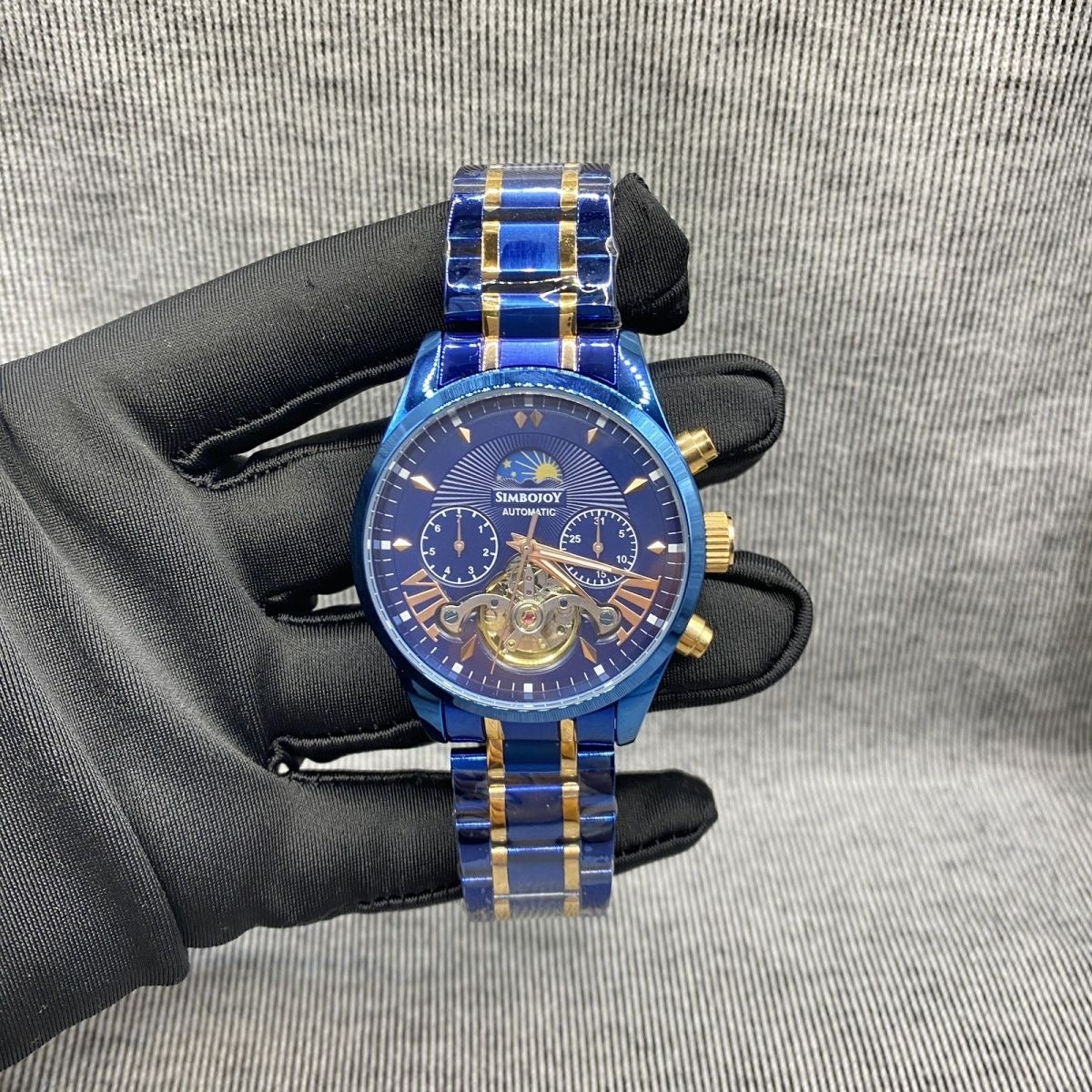Business Blue-Gold Skeleton Automatic Mechanical Watch, Men's Moon Phase Multi-Function Steel Band Wristwatch, Luxury Versatile Waterproof Timepiece