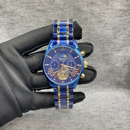 Business Blue-Gold Skeleton Automatic Mechanical Watch, Men's Moon Phase Multi-Function Steel Band Wristwatch, Luxury Versatile Waterproof Timepiece