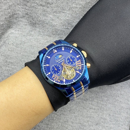 Business Blue-Gold Skeleton Automatic Mechanical Watch, Men's Moon Phase Multi-Function Steel Band Wristwatch, Luxury Versatile Waterproof Timepiece