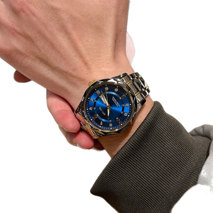 Two-Tone Gold Men's Quartz Watch, Diamond-Encrusted Date & Day Steel Band Wristwatch, Luxury Versatile Waterproof Timepiece