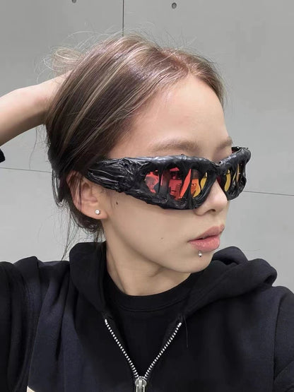 Dark Fluid-Shaped Sunglasses, Niche Quirky Irregular Shades, Y2K Streetwear Eyewear