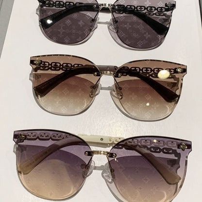 Retro Monogram Print Rimless Sunglasses, Metal Chain Decorative Shades, Luxury Fashion Oversized Eyewear