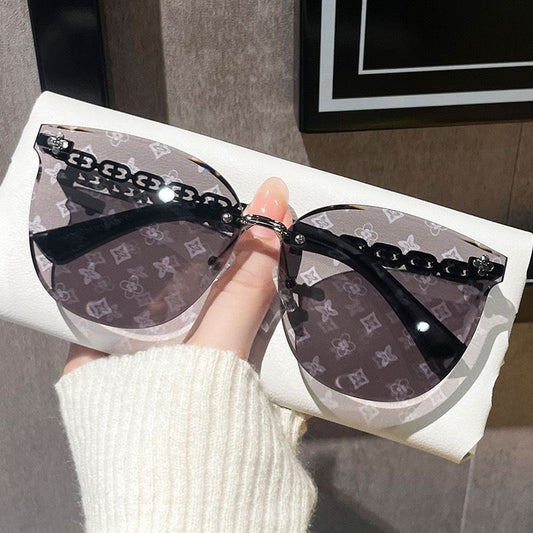 Retro Monogram Print Rimless Sunglasses, Metal Chain Decorative Shades, Luxury Fashion Oversized Eyewear